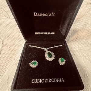 Danecraft Silver Plate Jewelry Set – Green Cubic Zirconia Necklace & Earrings